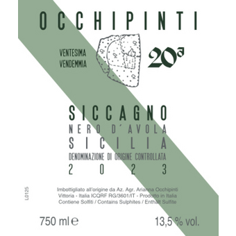 Label shot for 2023 Occhipinti "Siccagno" Nero D'avola Igt Sicilia