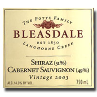 Label shot for 2003 Bleasdale Cabernet/ Shiraz
