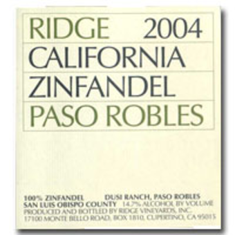 Label shot for 2004 Ridge Dusi Ranch Zinfandel Paso Robles