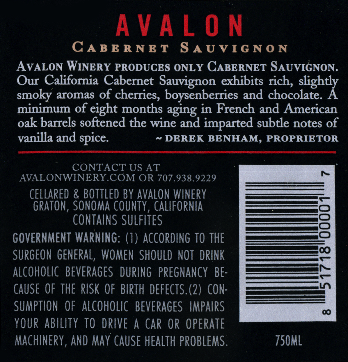 2009 Avalon California Sauvignon Wine Library