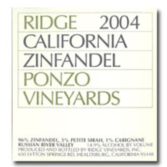 Label shot for 2004 Ridge Ponzo Vineyard Zinfandel